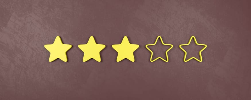 Three of Five Yellow Star Shapes 3D Illustration, Middle Rating Concepts