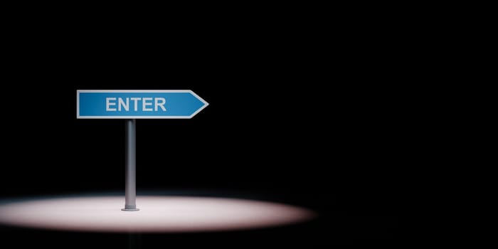 Blue Enter Directional Arrow Spotlighted on Black Background with Copy Space 3D Illustration