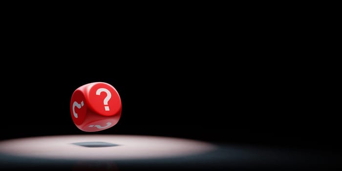 Red Dice with Question Mark on Every Face Spotlighted on Black Background with Copy Space 3D Illustration