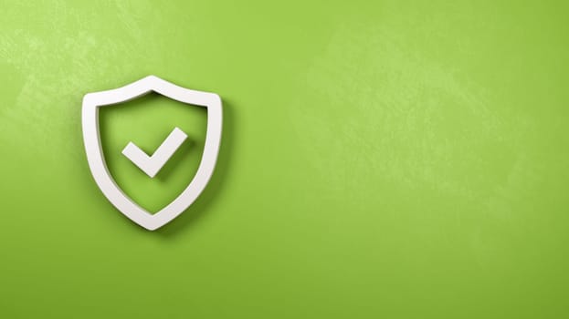 White Shield 3D Symbol Shape with Tick Symbol on a Green Plastered Wall with Copy Space 3D Illustration