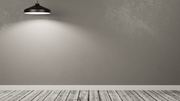 Wooden Floor Empty Room with a Gray Wall Illuminated by a Black Lamp 3D Illustration