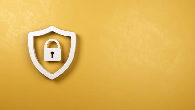 White Shield 3D Symbol Shape with Padlock on a Yellow Plastered Wall with Copy Space 3D Illustration