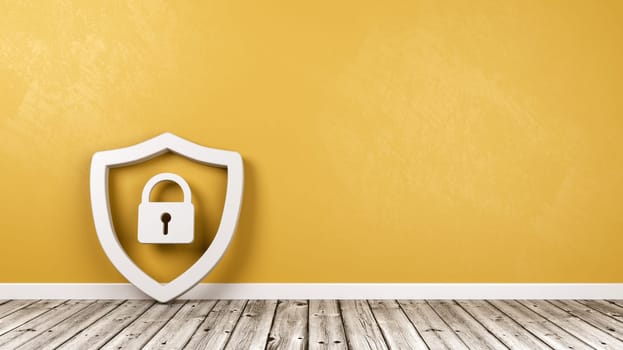 White Shield 3D Symbol Shape with Padlock on Wooden Floor Against Yellow Wall with Copy Space 3D Illustration
