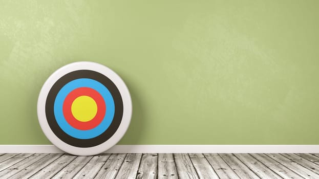 Colorful Arrow Target on Wooden Floor Against Green Wall with Copy Space 3D Illustration