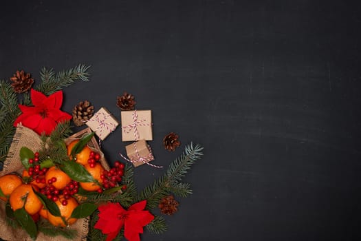 Festive still life: berries and mandarins with leaves lies on wooden tray, red flowers poinsettia, gift boxes and fir branches on dark background. Top view with copy space. Christmas. New Year