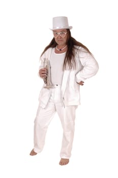 A middle age indigenous man standing in a white outfit and white hat.holding his trumpet with his long hair, isolated for white background.