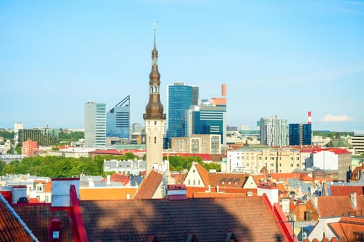 Aerail cityscape of Tallinn downtown in sunny daytime, modern and traditional architecture, Estonia