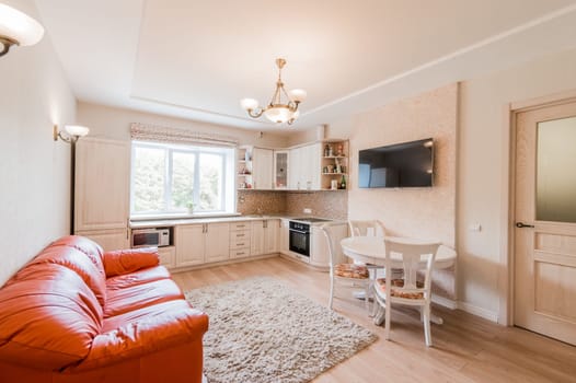 Russia, Moscow- August 05, 2019: interior room apartment modern bright cozy atmosphere. general cleaning, home decoration, preparation of house for sale