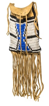 Bag of the North American Indians. Made from deerskin embroidered with colorful glass beads and leather cords isolated on white