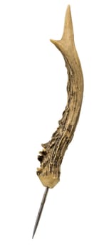 Sewing awl of the North American Indians made of stag horn with metal tip isolated on white