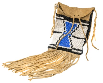 Bag of the North American Indians. Made from deerskin embroidered with colorful glass beads and leather cords isolated on white