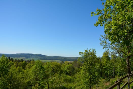 Green landscape from above, in the Rhön, Germany, with a tree and a fence on a the right side
