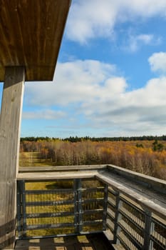 On a wooden lookout tower - view over the black moor in the Rhön, Bavaria, Germany with blue sky