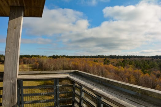 On a wooden lookout tower - view over the black moor in the Rhön, Bavaria, Germany - with blue sky, clouds and copy space