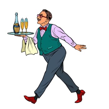 Waiter with a cap tray with glasses. Pop art retro vector illustration vintage kitsch 50s 60s