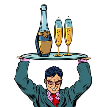 Waiter with a cap tray with glasses. Pop art retro vector illustration vintage kitsch 50s 60s