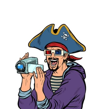pirate shoots and watches adventure movies. Pop art retro vector illustration kitsch vintage 50s 60s