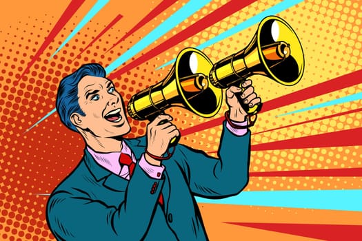 businessman with a megaphone. announcement advertising. Pop art retro vector illustration kitsch vintage drawing