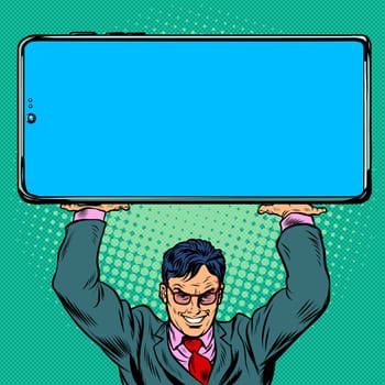 Businessman holds a large smartphone. Pop art retro vector illustration vintage kitsch 50s 60s