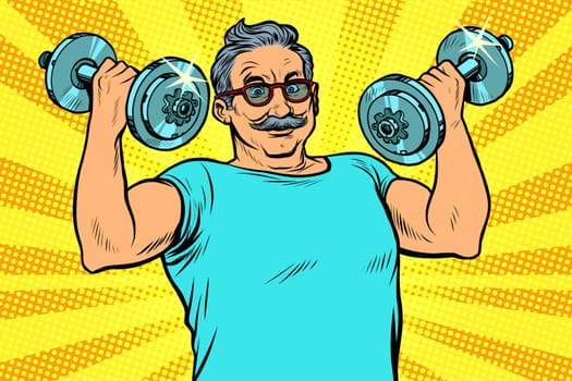 elderly man lifts dumbbells, fitness sport. Pop art retro vector illustration drawing vintage kitsch
