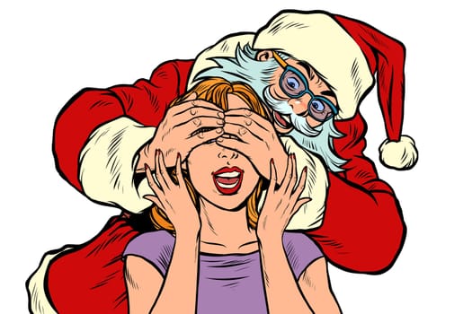 surprise gift Santa Claus character, Christmas and New year. Pop art retro vector illustration kitsch vintage drawing