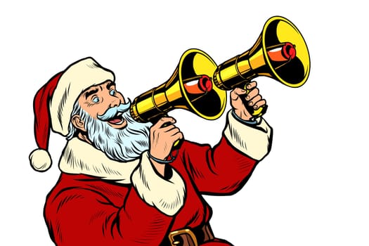 Santa Claus with a megaphone. Christmas sale. Pop art retro vector illustration kitsch vintage drawing