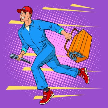 Male master repairman runs on call. Pop art retro vector illustration vintage kitsch 50s 60s