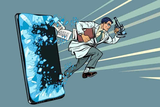a male scientist with a microscope. Phone gadget smartphone. Online Internet application service program. Pop art retro vector illustration drawing vintage kitsch