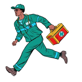 African ambulance doctor. Male medic with first aid kit. Pop art retro vector illustration vintage kitsch 50s 60s