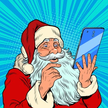 Santa Claus and a big smartphone. Electronic Christmas sales and orders in online stores. pop art retro vector illustration kitsch vintage drawing 50s 60s