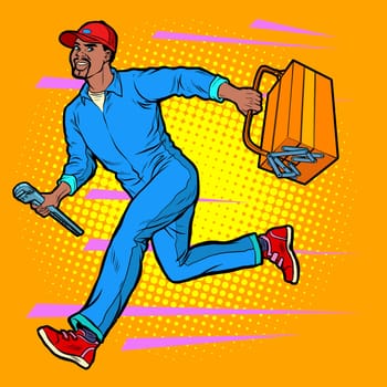 Male African master repairman runs on call. Pop art retro vector illustration vintage kitsch 50s 60s