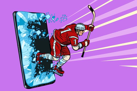 hockey player Phone gadget smartphone. Online Internet application service program. Pop art retro vector illustration drawing vintage kitsch