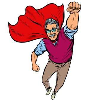 man retired superhero. Health and longevity of older people. Pop art retro vector illustration drawing vintage kitsch