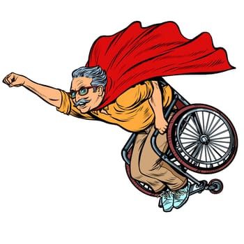 man retired superhero disabled in a wheelchair. Health and longevity of older people. Pop art retro vector illustration drawing vintage kitsch