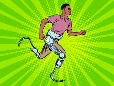 disabled african man running with legs prostheses. Pop art retro vector illustration vintage kitsch 60s 50s