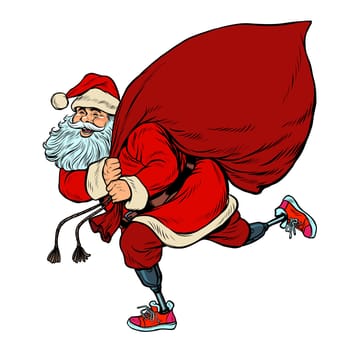 Santa Claus disabled on prostheses delivers gifts for Christmas. pop art retro vector illustration kitsch vintage drawing 50s 60s