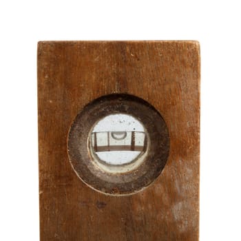 Old vintage wood ruler level meter on the white background