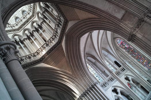 Coutances, Normandy, France - July 20th 2018 : Cathedral of Coutances, transept and lantern tower, the most famous monument of Gothic art in Normandy, France