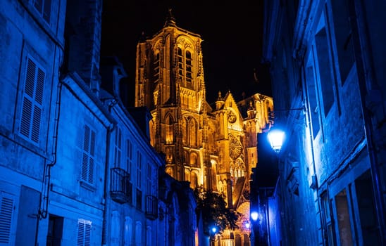 Bourges, Centre-Val de Loire, France - August 29th 2019: The old town center of Bourges and the cathedral during lights nights