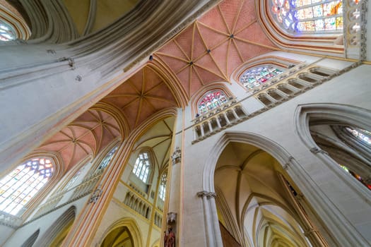 Quimper, Finistere / France - August 11th 2017: interior view of the Cathedral of Saint Corentin and his vaults in Quimper, Brittany