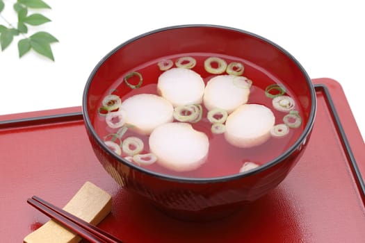 Japanese food, Osuimono soup of fu and green onion in a bowl