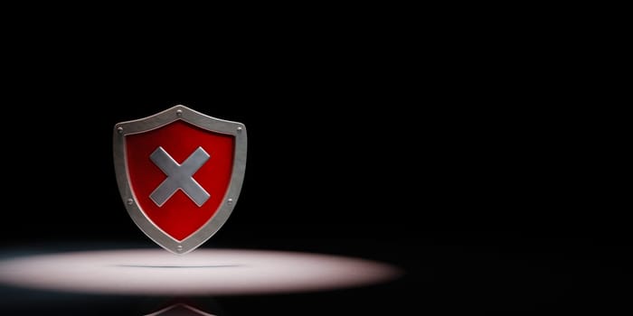 Red Metallic Shield Shape with Cross Spotlighted on Black Background with Copy Space 3D Illustration