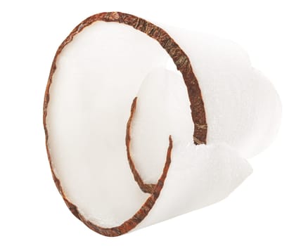 Coconut shaving, curl or rolled up slice of kernel meat, isolated
