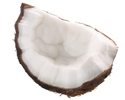 Piece of cracked coconut, a kernel meat with broken shell, isolated
