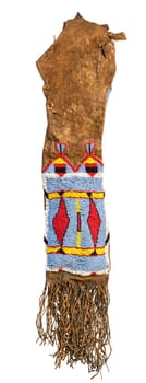 Bag of the North American Indians. Made from deerskin embroidered with colorful glass beads and leather cords isolated on white