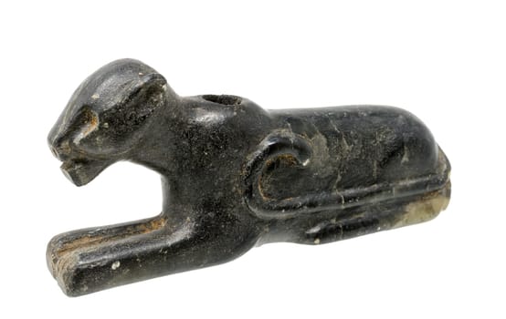Pipe in the form of a black panther of the North American Indians made of dark soapstone isolated on white