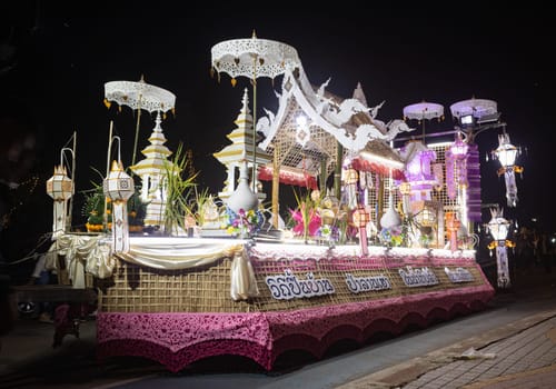 Phayao, Thailand - November 11, 2019: Loi Krathong Parade Car on Night Scene in Loi Krathong Festival