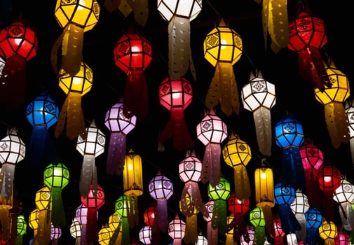 Colorful Paper Lanterns or Paper Lamp in Loi Krathong Festival on Night Scene in Zoom View. Paper lanterns in Yi Peng festival