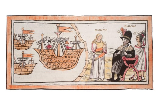 First encounter of Hernan Cortes with la Malinche at Duran Codex. National Library, Spain