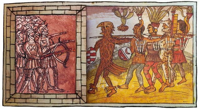 Pedro de Alvarado and other Companions at Arms of Hernan Cortes besieged by Aztec Warriors. Duran Codex or History of the Indies of New Spain. Biblioteca Nacional, Madrid, Spain
